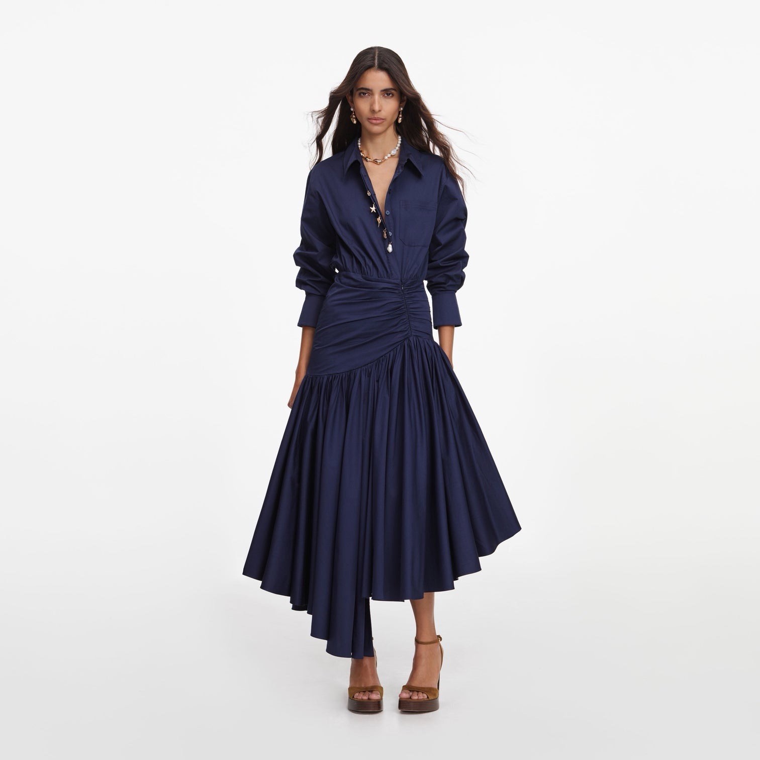 self portrait NAVY COTTON ASYMMETRIC MIDI DRESS $650 Size US 8 UK 12
