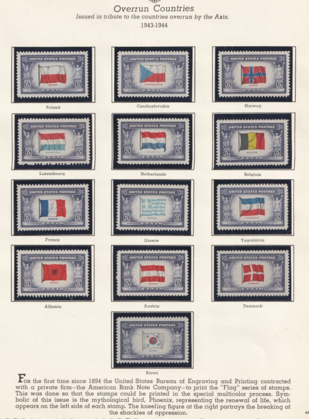 US 1943-1944  Overrun Countries Flags of WWII  909-921  Poland to Korea OG MNH*