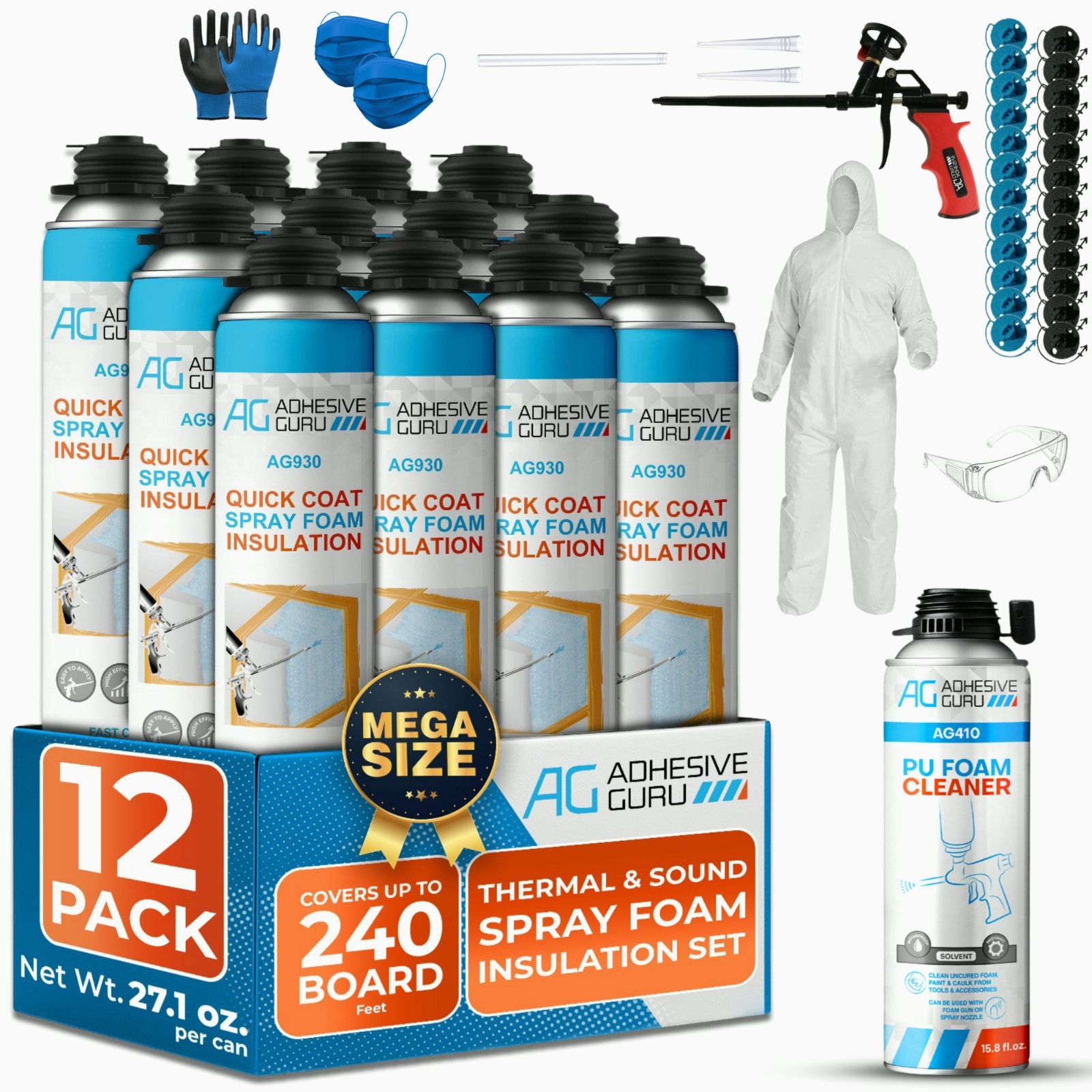 AG Spray Foam Insulation Kit (12 x 32.80 oz/930 gr 240 Bd Ft) Close Cell Self E AG Spray Foam Insulation Kit (12 x 32.80 oz/930 gr 240 Bd Ft) Close Cell Self E