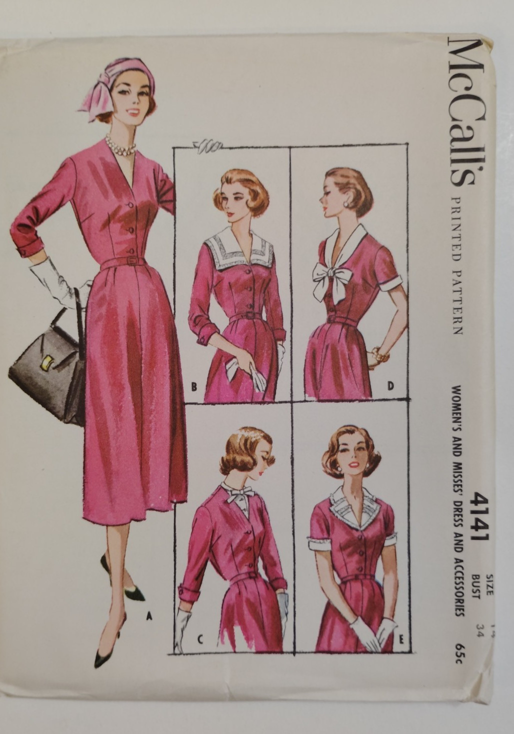 McCall\'s 4141 Dress Dickey Collar Cuffs Sewing Pattern Ladies 14 UC VTG 50\'s