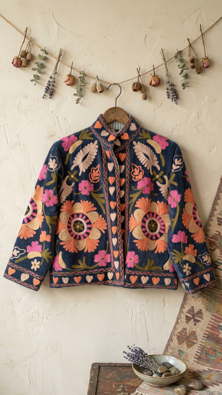 Boho Floral Embroidered Jacket Women\'s Blue Folk Art Handmade Statement Coat Boho Floral Embroidered Jacket Women\'s Blue Folk Art Handmade Statement Coat