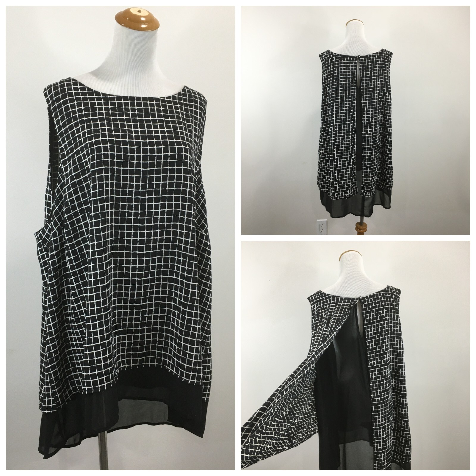 NWT TORRID Womens sz 3 Black White Grid Print 2 Ply High Low Hem Layer Tank Top
