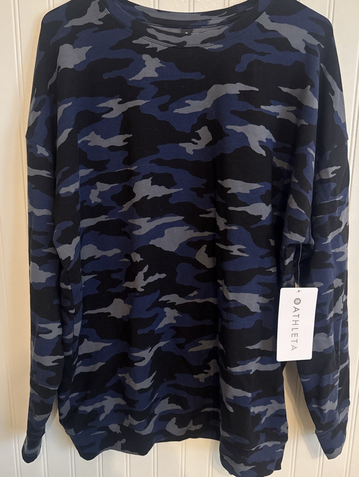 Athleta Studio To Street  Blue Black Camo Sweatshirt Crew Neck Large Tall