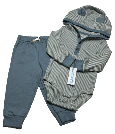 Carter’s Baby Boy 2pc Set 12M Blue Striped Long Sleeve Bear Ear Hooded Pant NWT