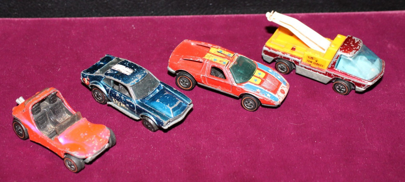 Lot of 4 Vintage Die-Cast Toy Cars Hot Wheels Red Line 1969, 1970