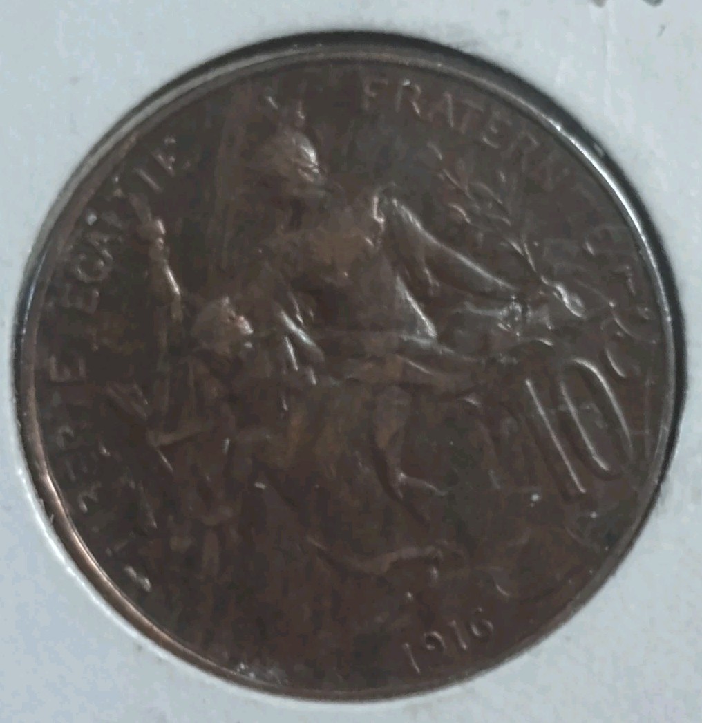 1916 WWI ERA France 10 centimes Bronze coin. A Beautiful Piece Of History.