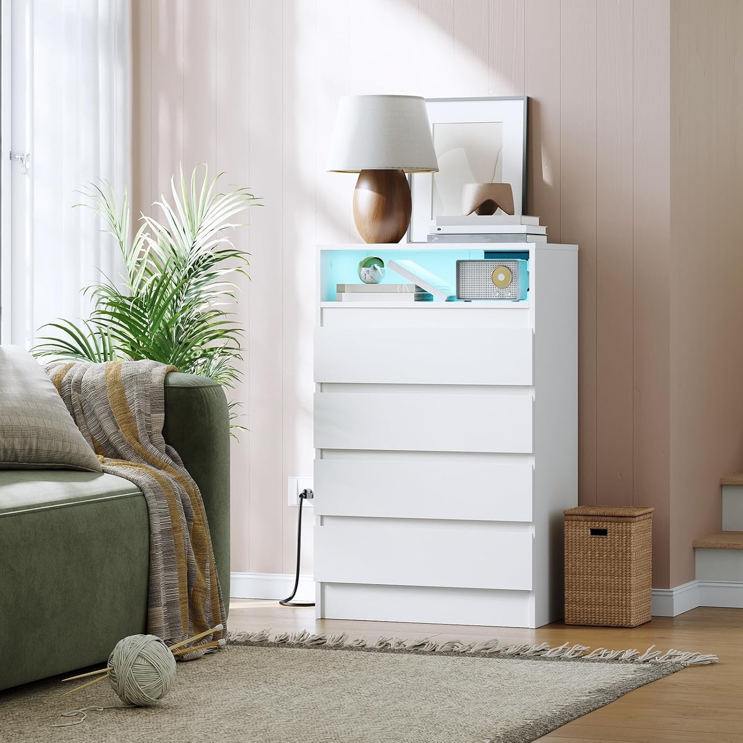 White 4-Drawer LED Dresser with Charging Station for Bedroom Storage and Display