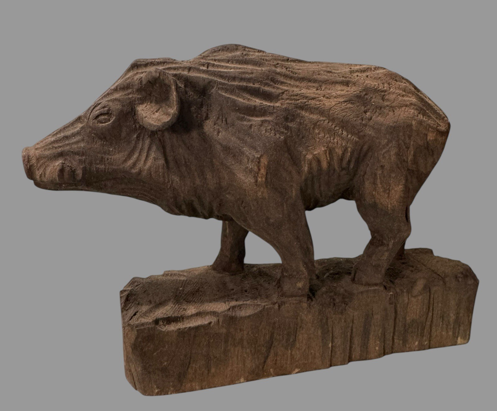 Antique Primitive Folk Art Hand Carved Wood Pig Boar Sculpture 9” Old Dry Patina