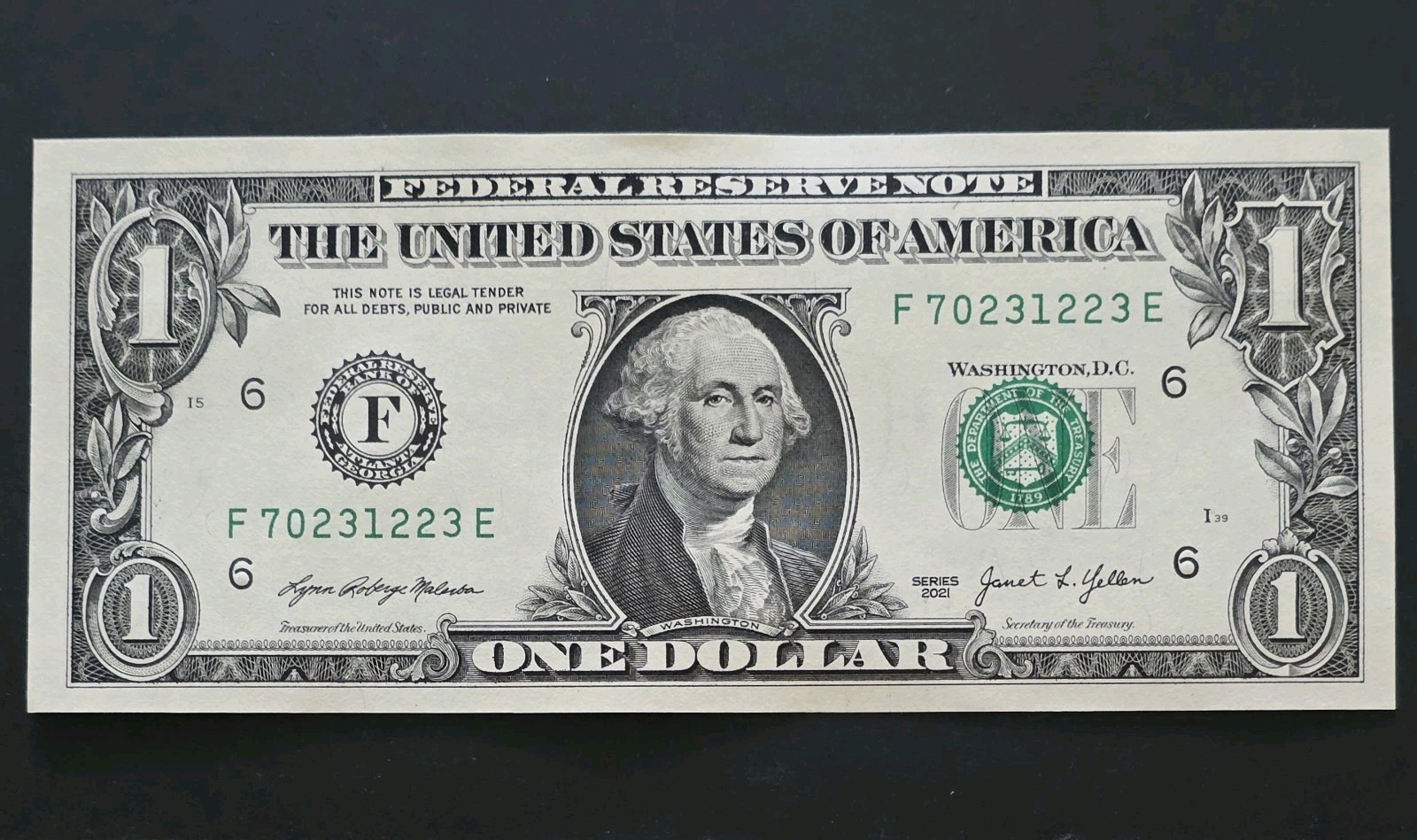 0890-Fancy Error $1 Bill-Series 2021-Third Print Treasury Seal Shift Anomaly UNC