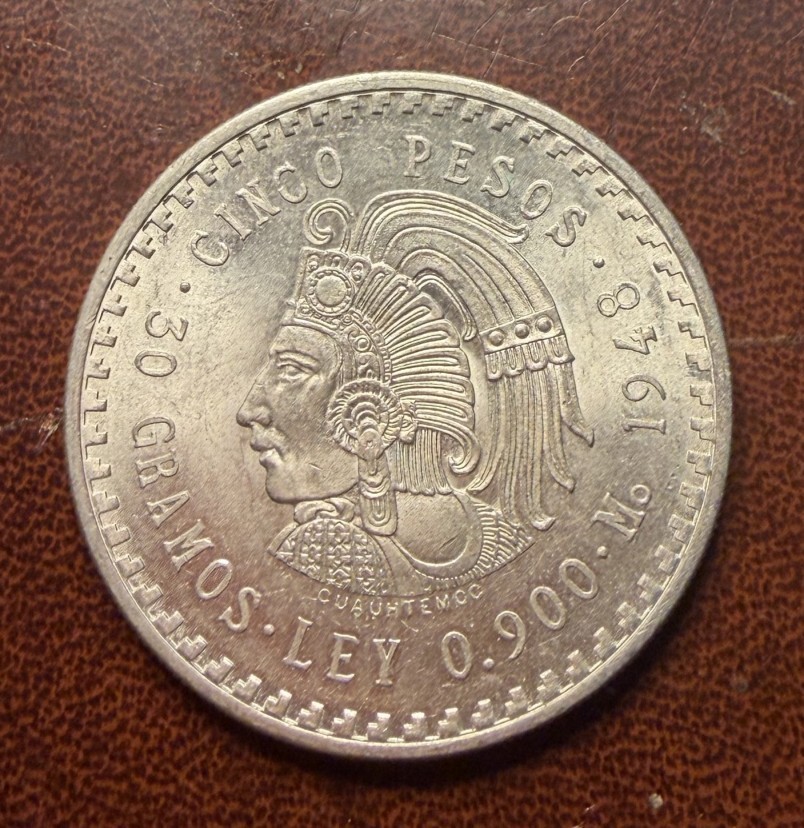 1948 Mexico CINCO 5 Pesos Silver Cuauhtemoc 30 Gramos Ley .900 Cinco Peso