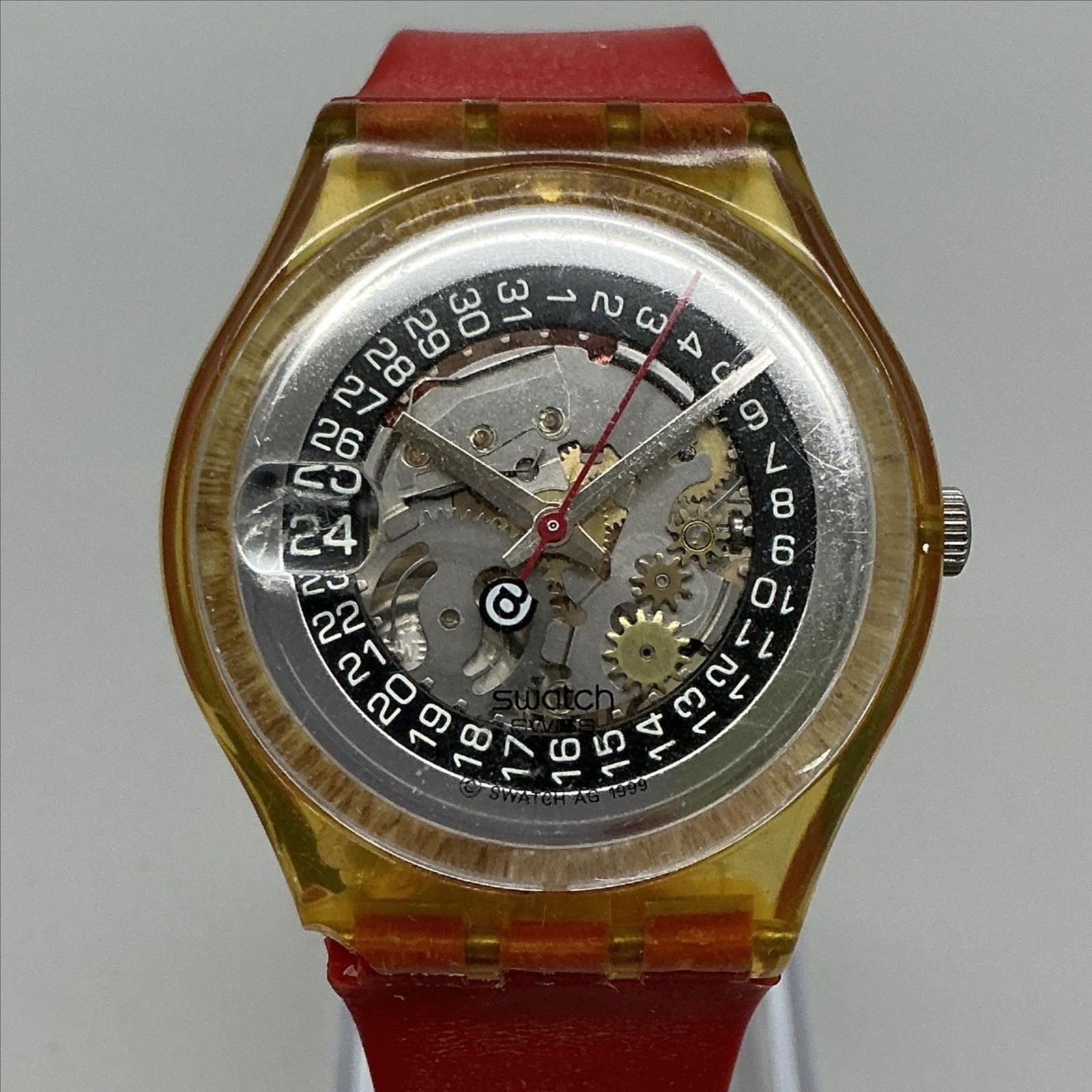 Vintage Swatch 1999 Mens Watch 33mm Skeleton Red Band New Battery