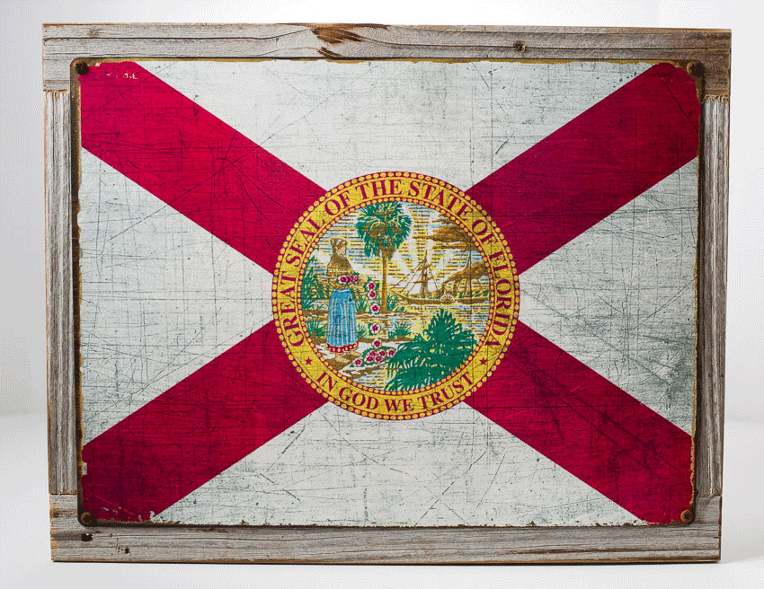 Florida & Virginia State Flags Metal Sign Framed on Rustic Wood