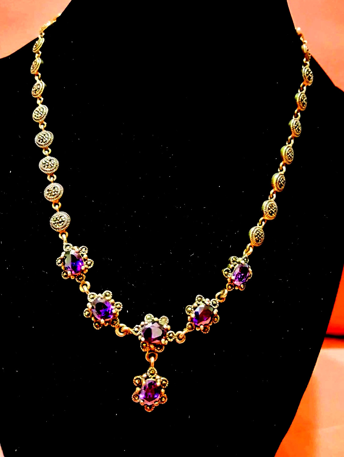 STERLING SILVER, AMETHYST STONES & MARCASITES RARE 1930's NECKLACE BEAUTIFUL 