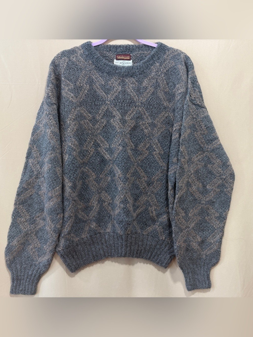 Vintage Nordstrom 100% Alpaca Wool Sweater Large Blue Gray Argyle Peru Vintage Nordstrom 100% Alpaca Wool Sweater Large Blue Gray Argyle Peru