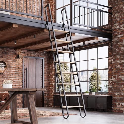 10.35FT Industrial Style Loft Ladder, 8 Steps with Black Steel Handrails & Solid