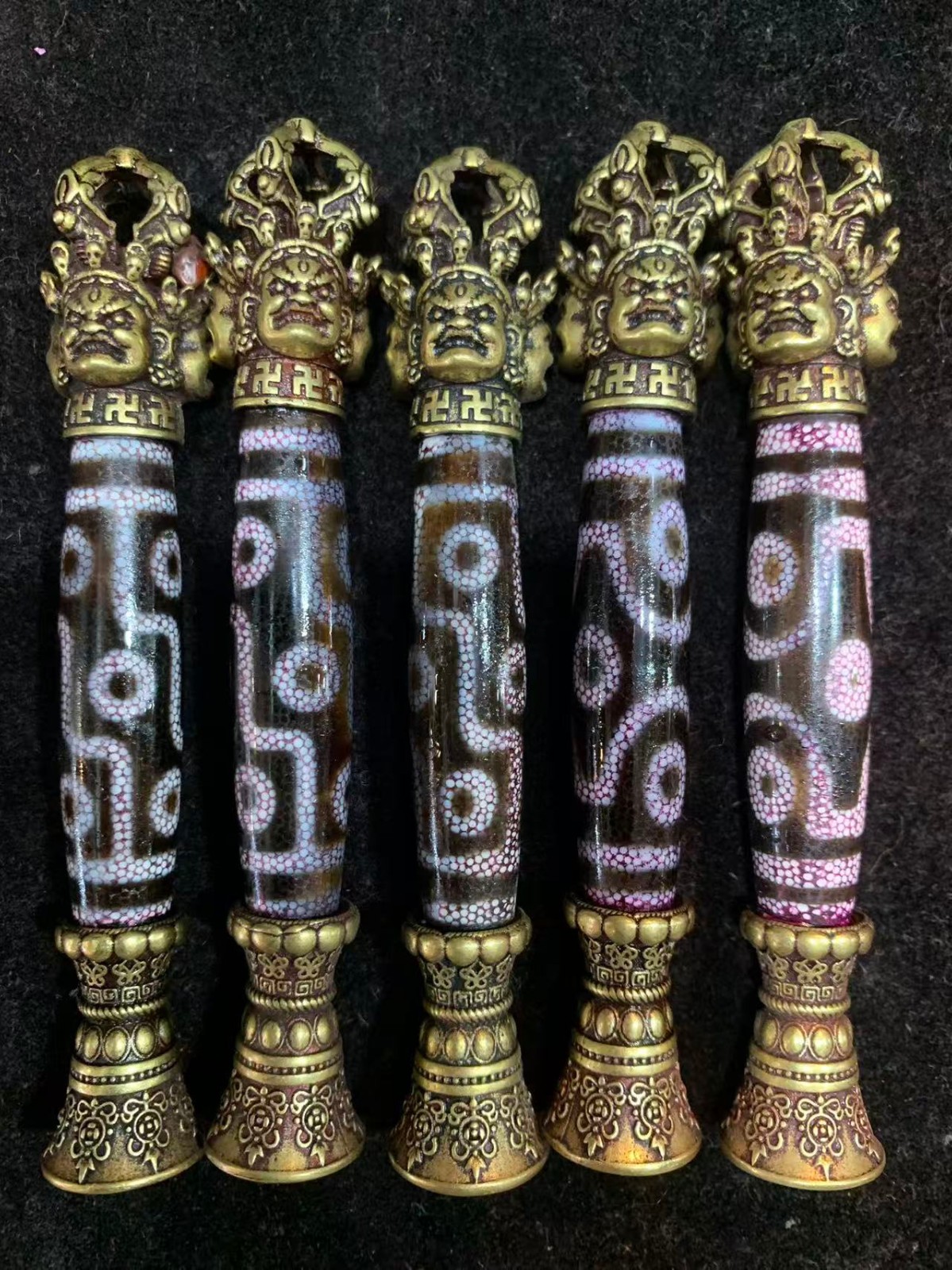 5 Pcs Tibetan Brass Dhanada Hand Inlay Old Dragon Vein Agate Dzi Bead Pendants