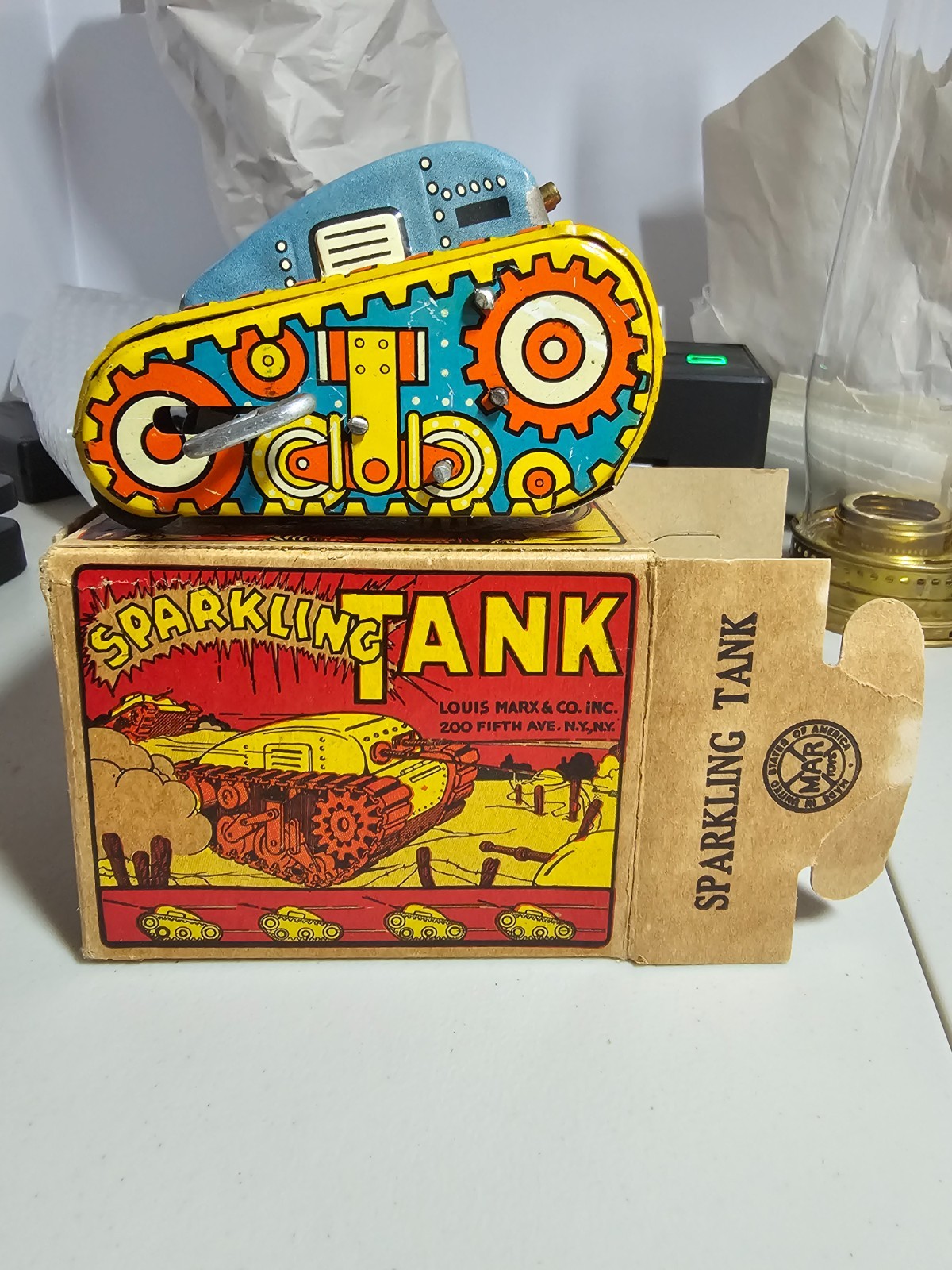 MARX 1950's SPARKLING TANK TIN MIB WINDUP TOY ORANGE BLUE COLOR WITH BOX working