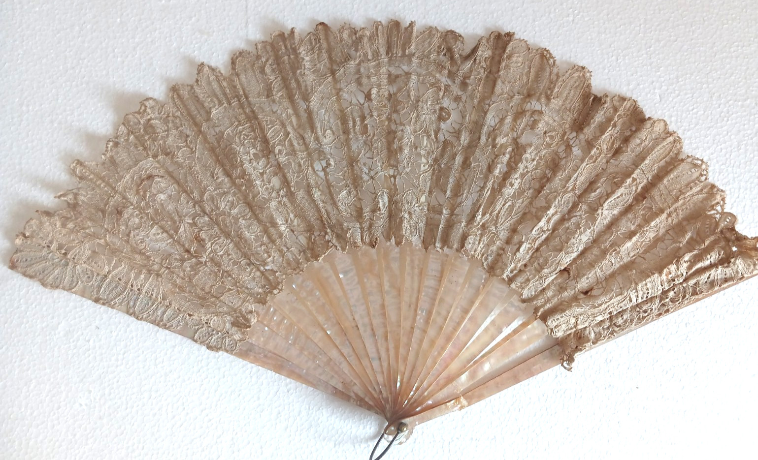 Antique Victorian Handmade Lace Fan with Mother of Pearl Sticks Circa 1870