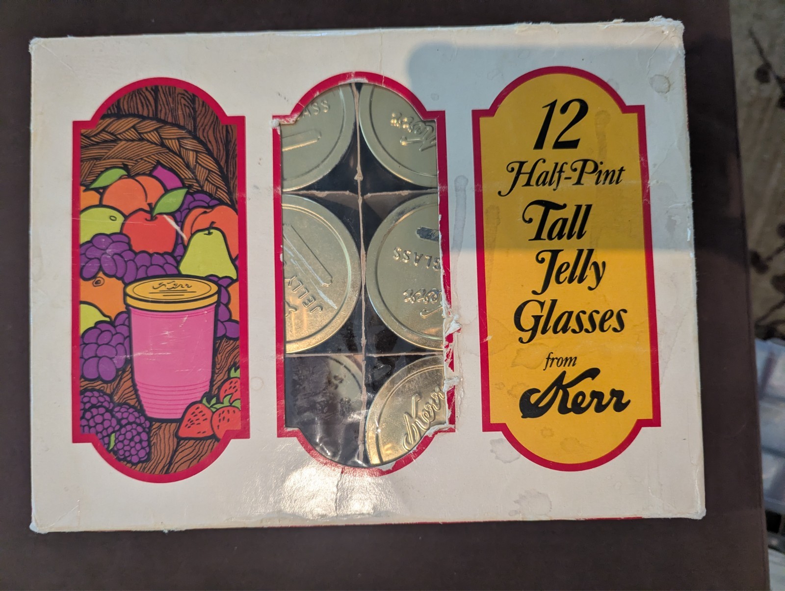 Vintage Kerr 11 Glass Tall Jelly jars Glasses metal Lids Boxed