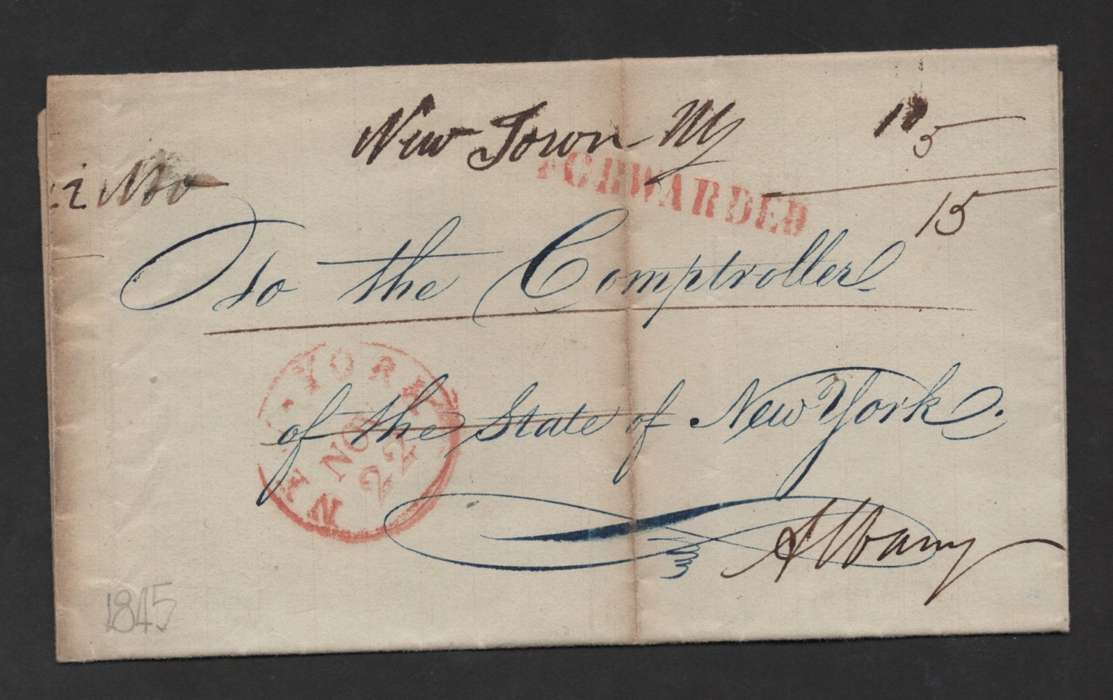 US 1845 STAMPLESS FOLDED COVER NEW TOWN NY TO ALBANY FORWARDED & RERATED