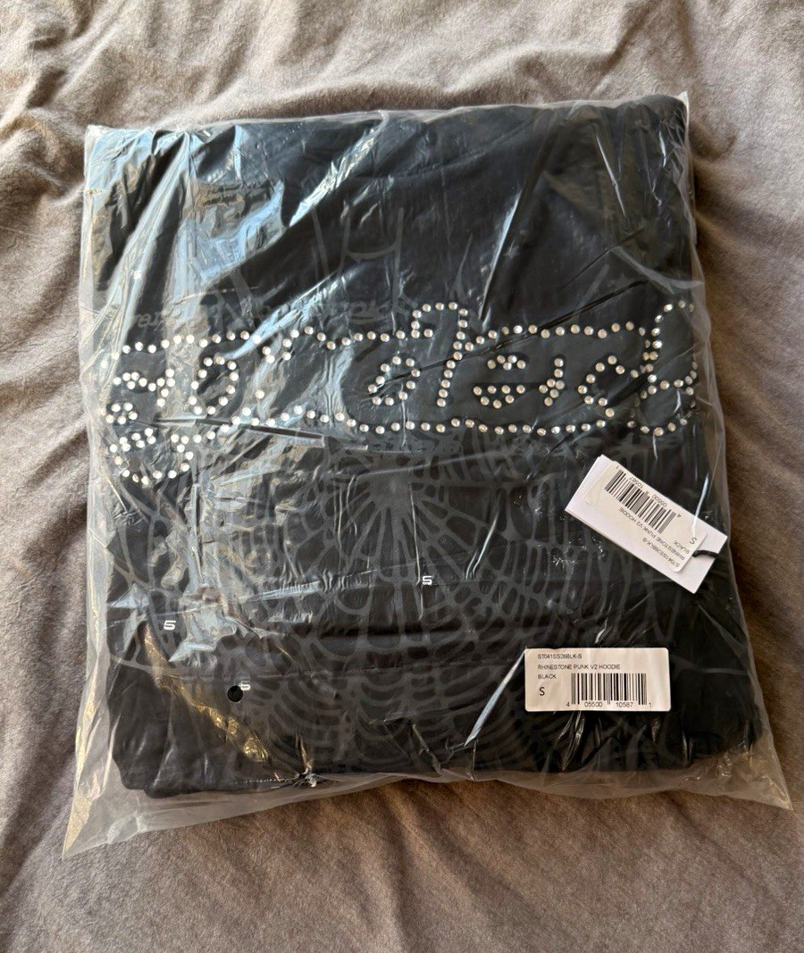 Sp5der Black Rhinestone Spider Graphic Print Pullover Hoodie men small