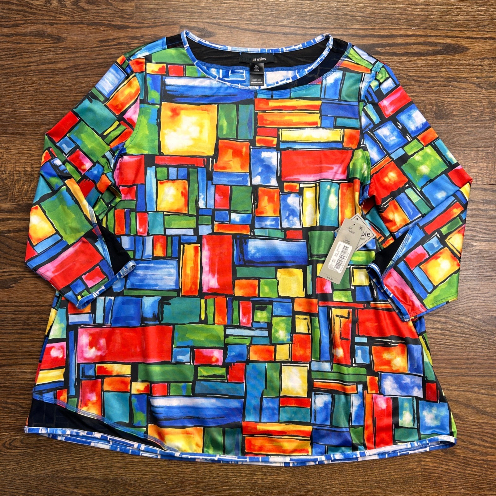 Ali Miles Women XL Tunic Top Multi Color Geometric Block Print Mesh Trim NWT