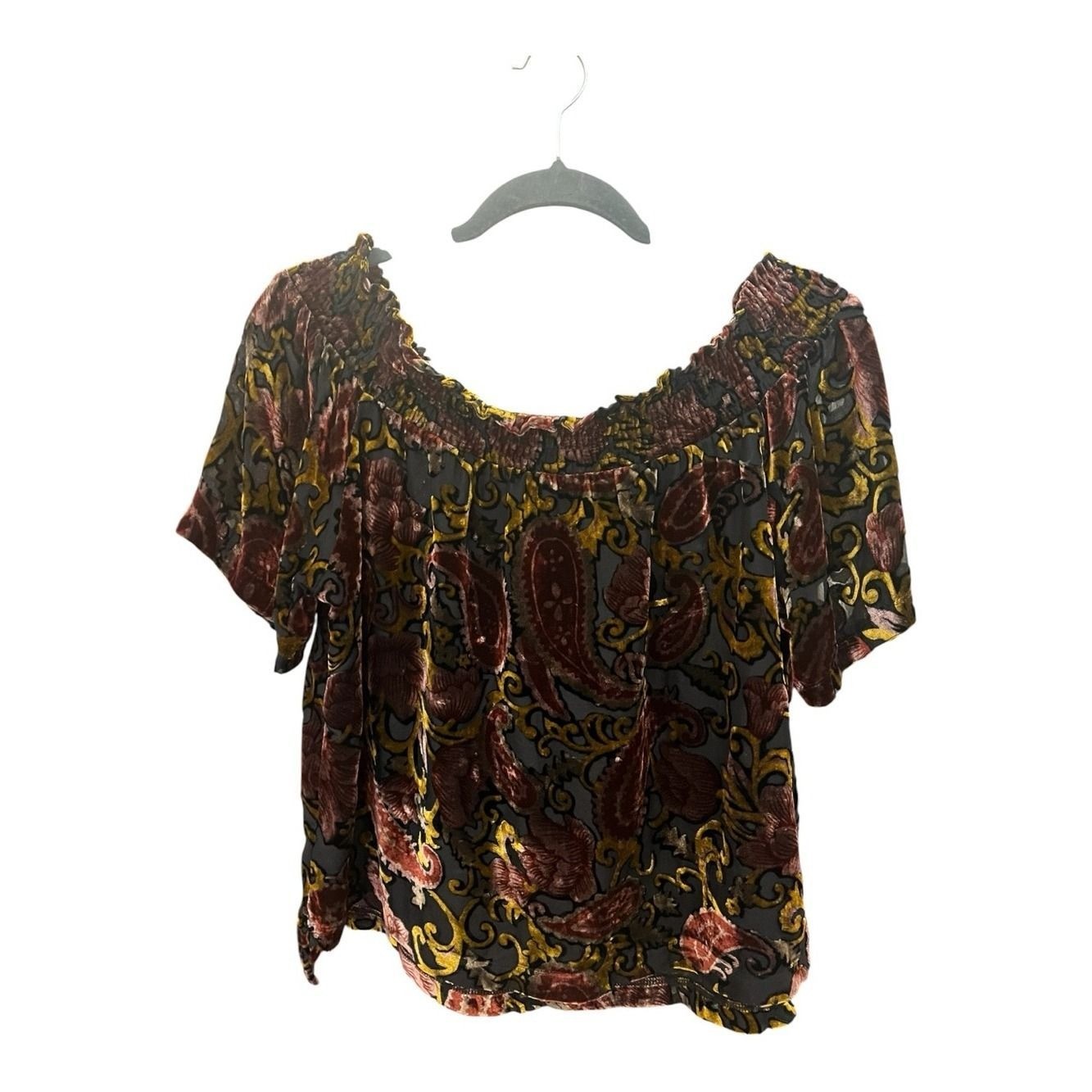 ANTHROPOLOGIE BELLE VERE Paisley Velvet Top - Black, Maroon & Gold