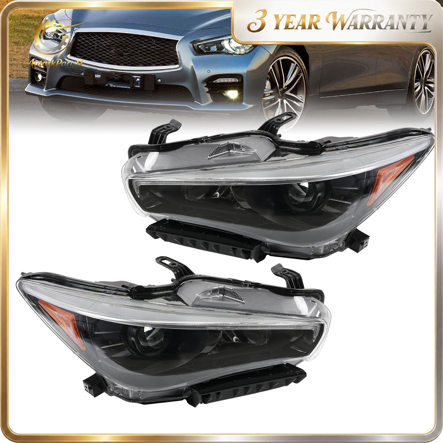 LED Projector Headlight Assembly Pair Black DRL For 2014-22 Infiniti Q50 w/o AFS