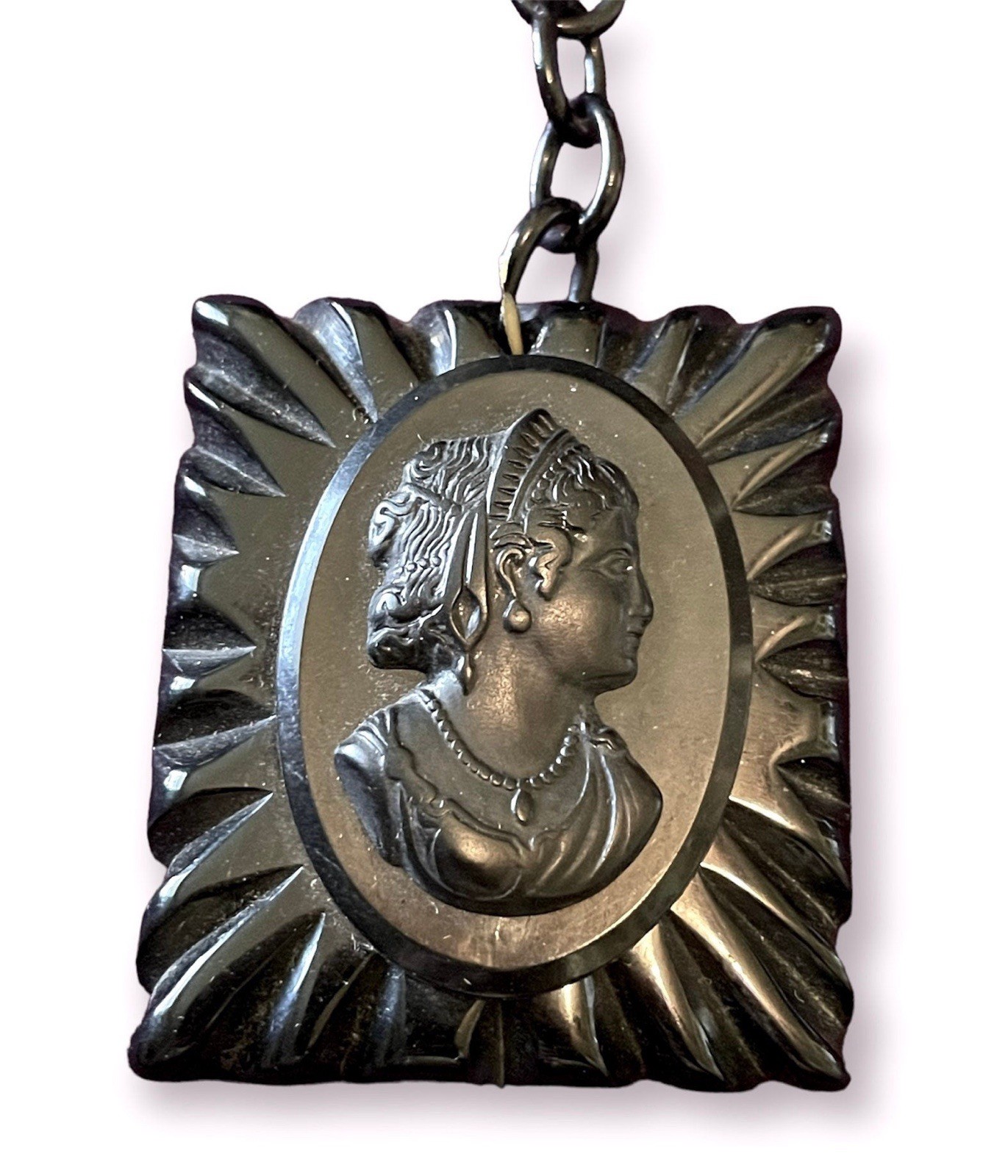 Victorian Black Celluloid Mourning Cameo Pendant & Plastic Chain Necklace Victorian Black Celluloid Mourning Cameo Pendant & Plastic Chain Necklace