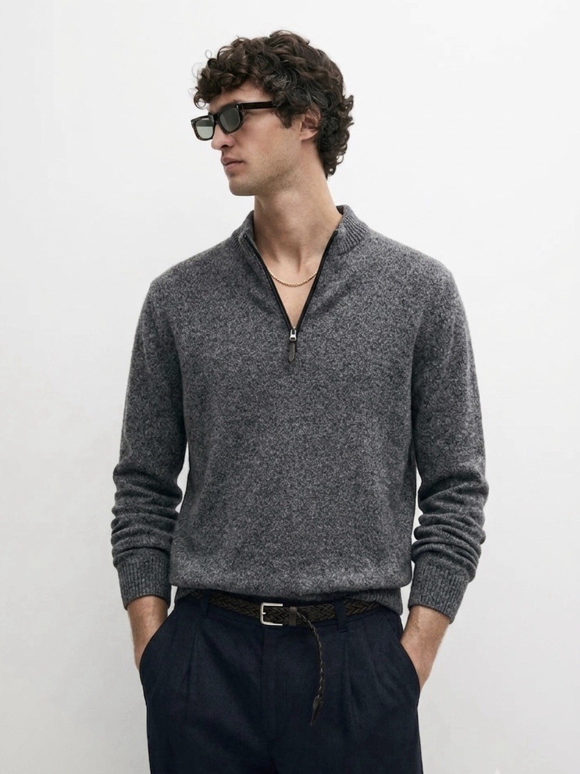 QI Cashmere Heathered Gray Quarter Zip  Sweater Size Medium preppy Old Money