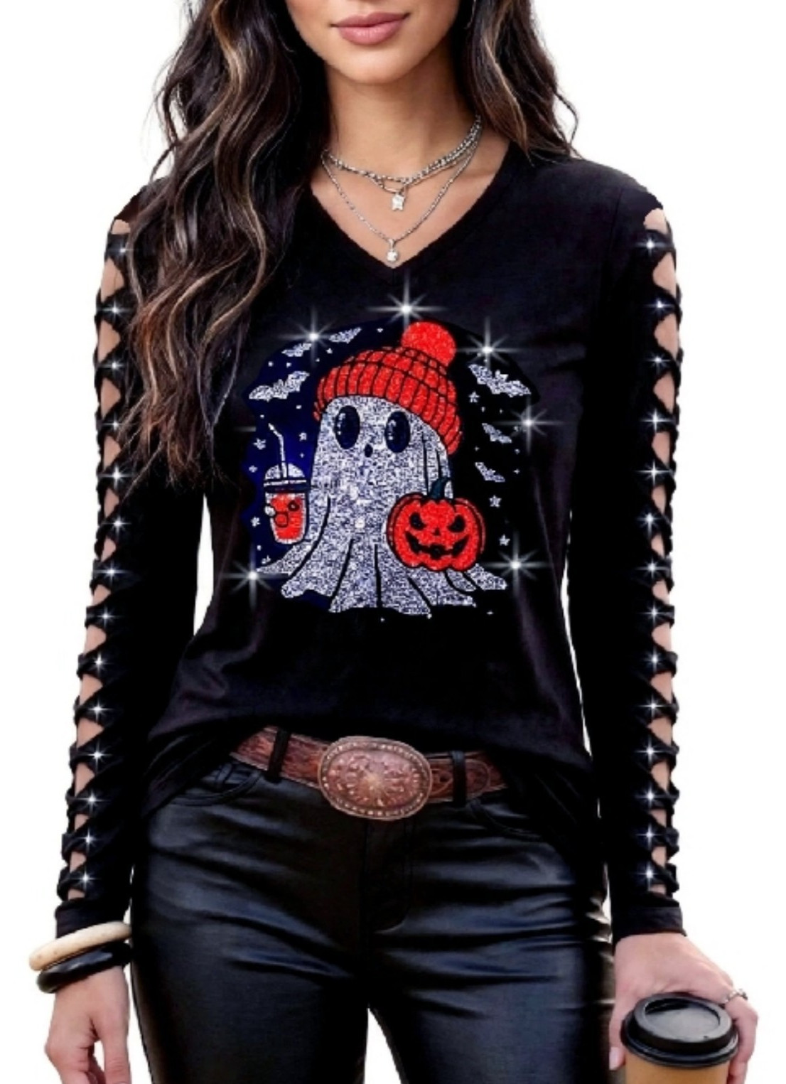 Bling Halloween Party Baby Ghost, Women\'s Tops Rhinestone Shirt Ripped Cut Out Bling Halloween Party Baby Ghost, Women\'s Tops Rhinestone Shirt Ripped Cut Out