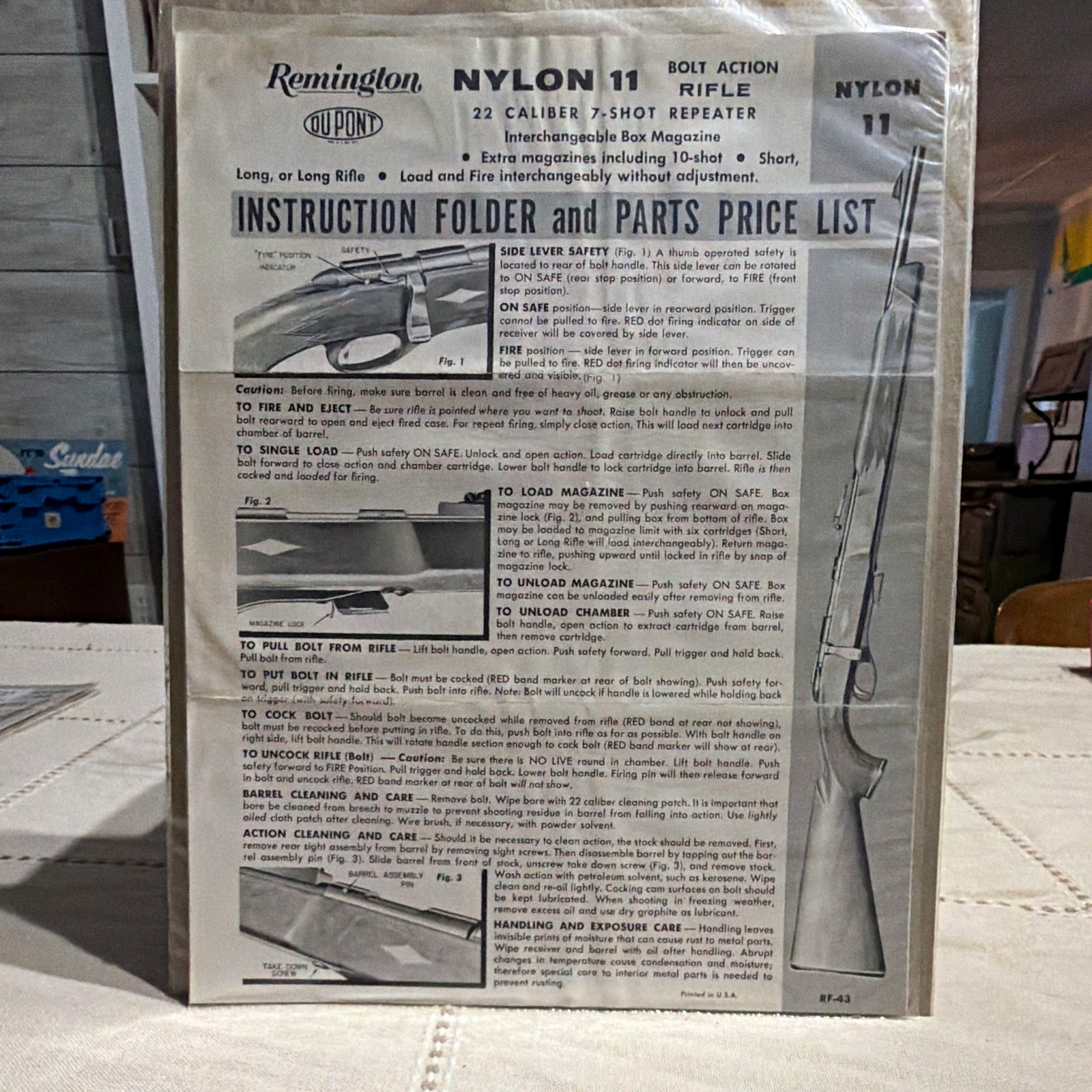 Remington Nylon 11 Rifle Instruction DEALER Folder & Parts Price List 1962