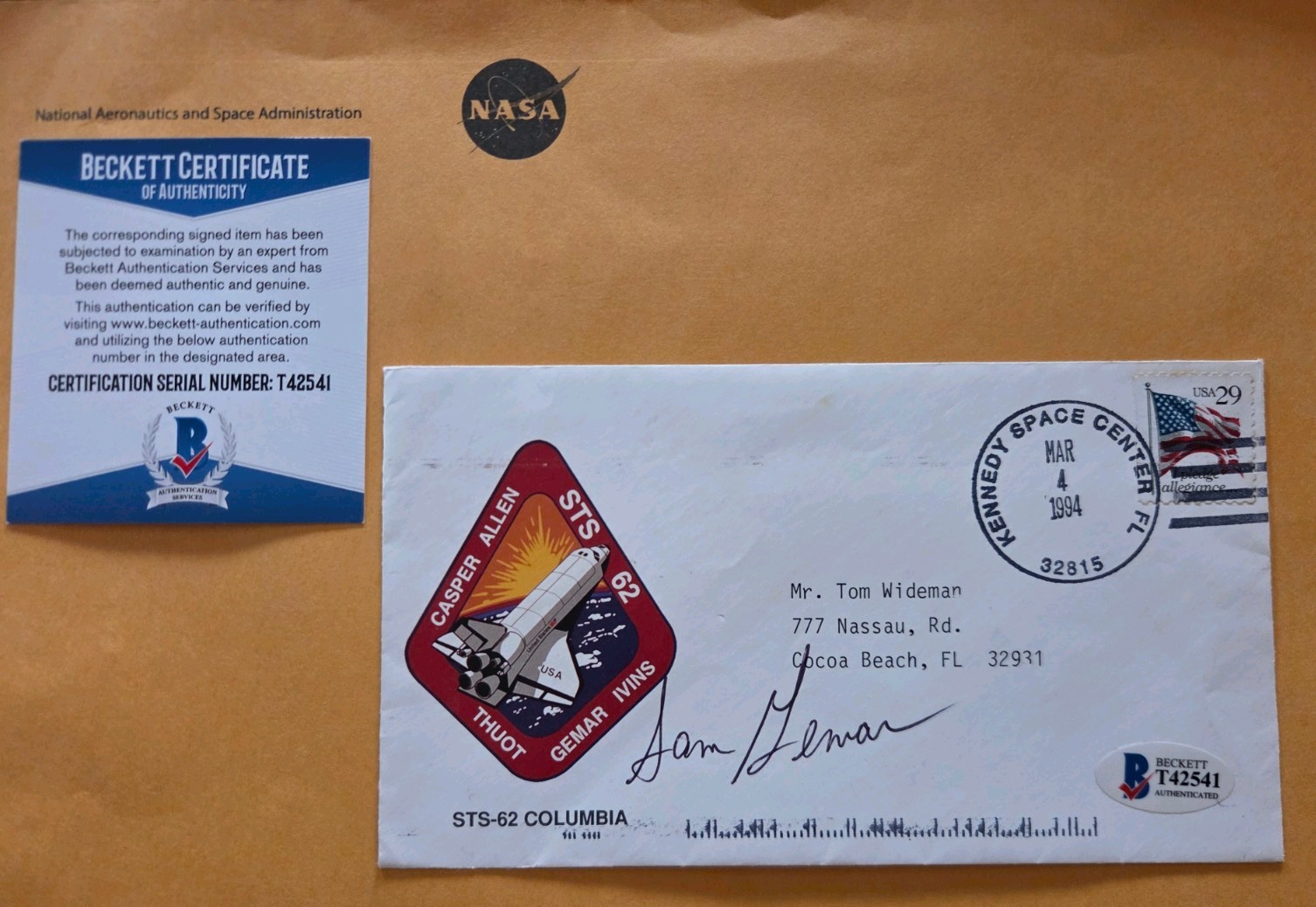 SAM GEMAR NASA ASTRONAUT SIGNED STS-62 LAUNCH DAY Mission Logo POSTAL COVER SAM GEMAR NASA ASTRONAUT SIGNED STS-62 LAUNCH DAY Mission Logo POSTAL COVER