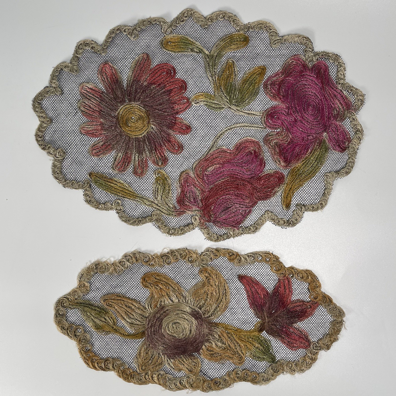 Antique Edwardian Floral Cord Soutache Embroidery Net Mats Pair Circa 1900