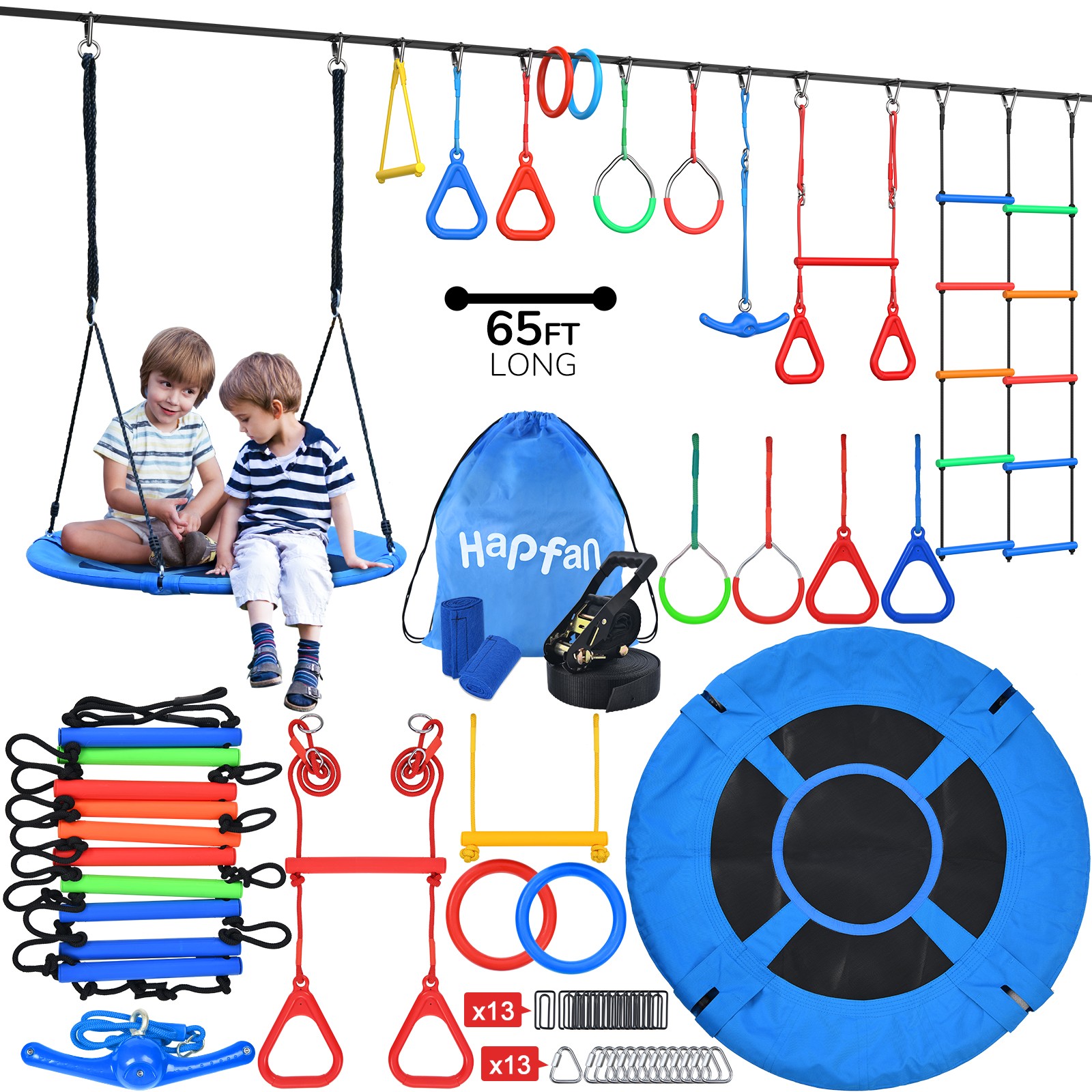 Hapfan 65ft Ninja Warrior Obstacle Course for Kids with Tree Swing, 11 Obstacles