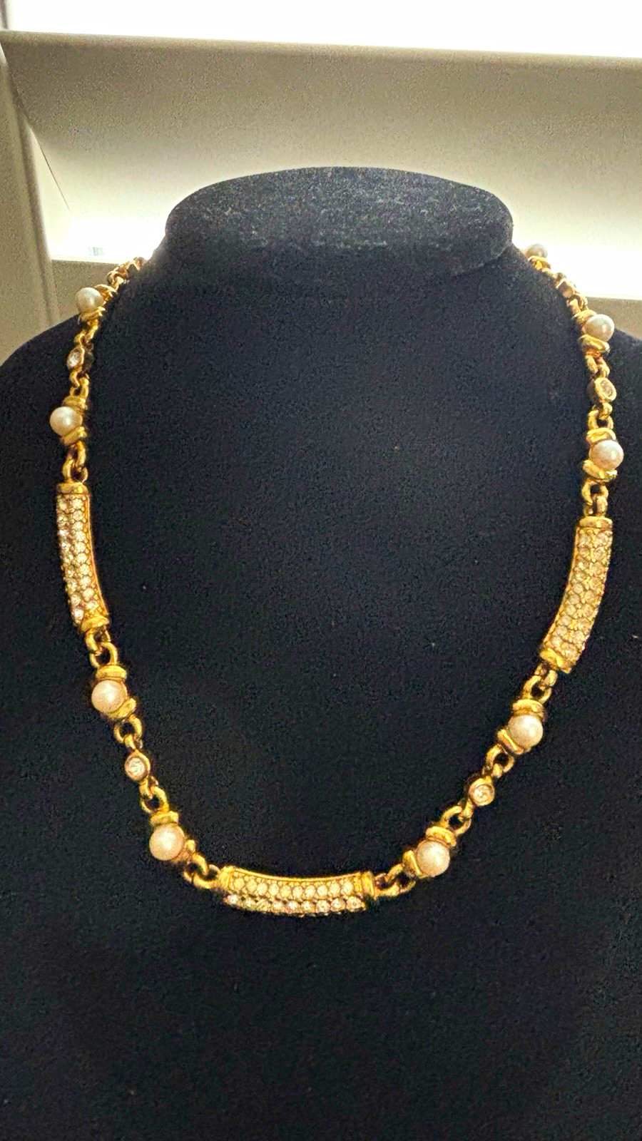 Vintage Monet Gold Tone Faux Pearl Rhinestone Encrusted Bar Link Necklace 17” N4