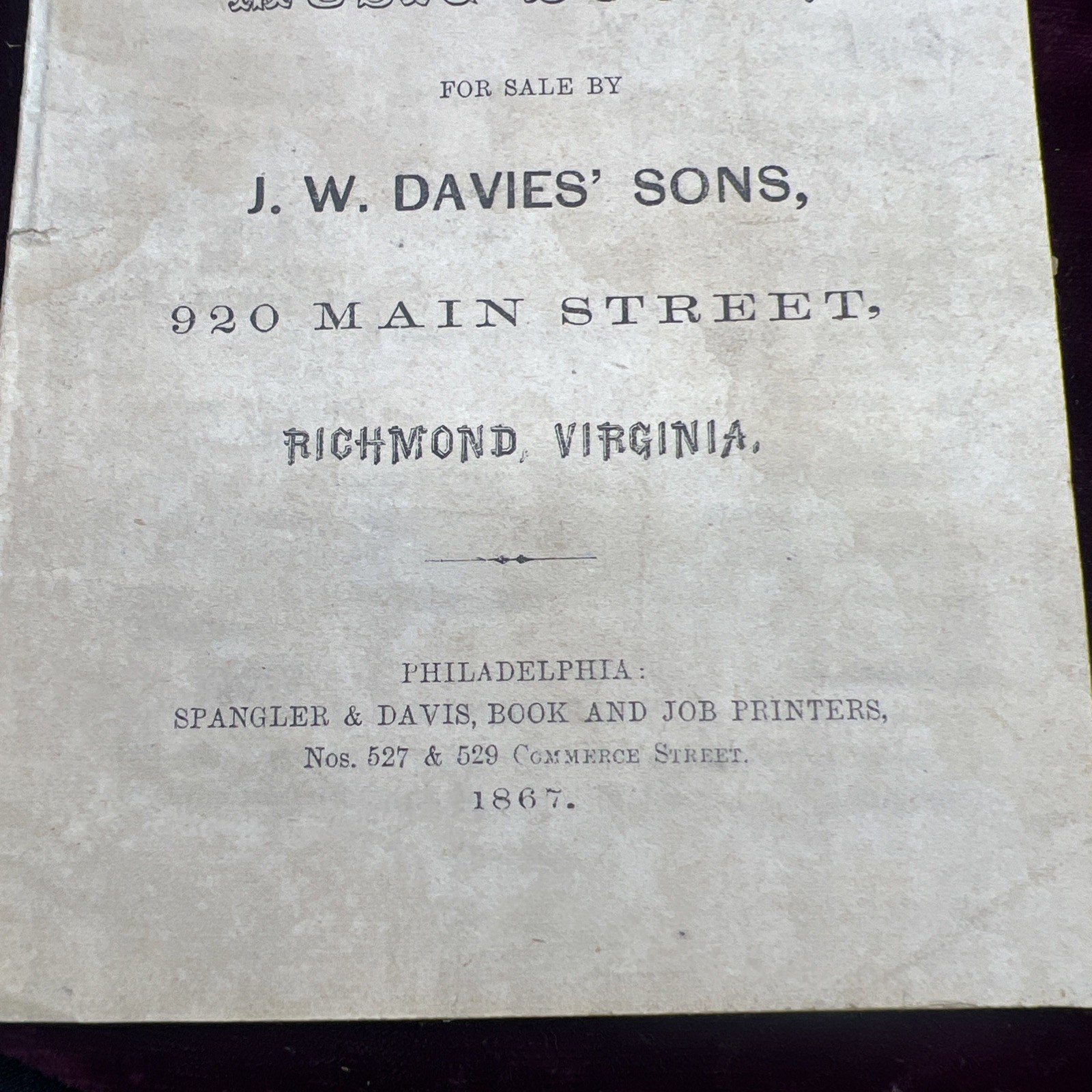 Antique 1860s JW Davies Sons Catalog Sheet Music Book Advertising Richmond VA