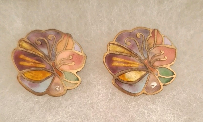 Vtg David Kuo Signed Abstract Fairy Floral Butterfly Cloisonné Enamel Earrings 