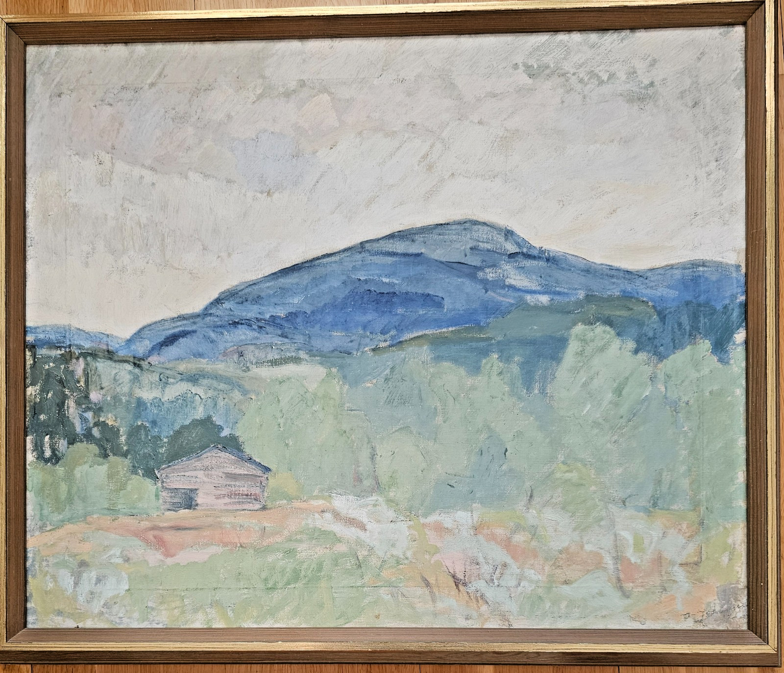 LARGE MID CENTURY SCANDINAVIAN MODERNIST OIL PAINTING MOUNTAIN LANDSCAPE SIGNED