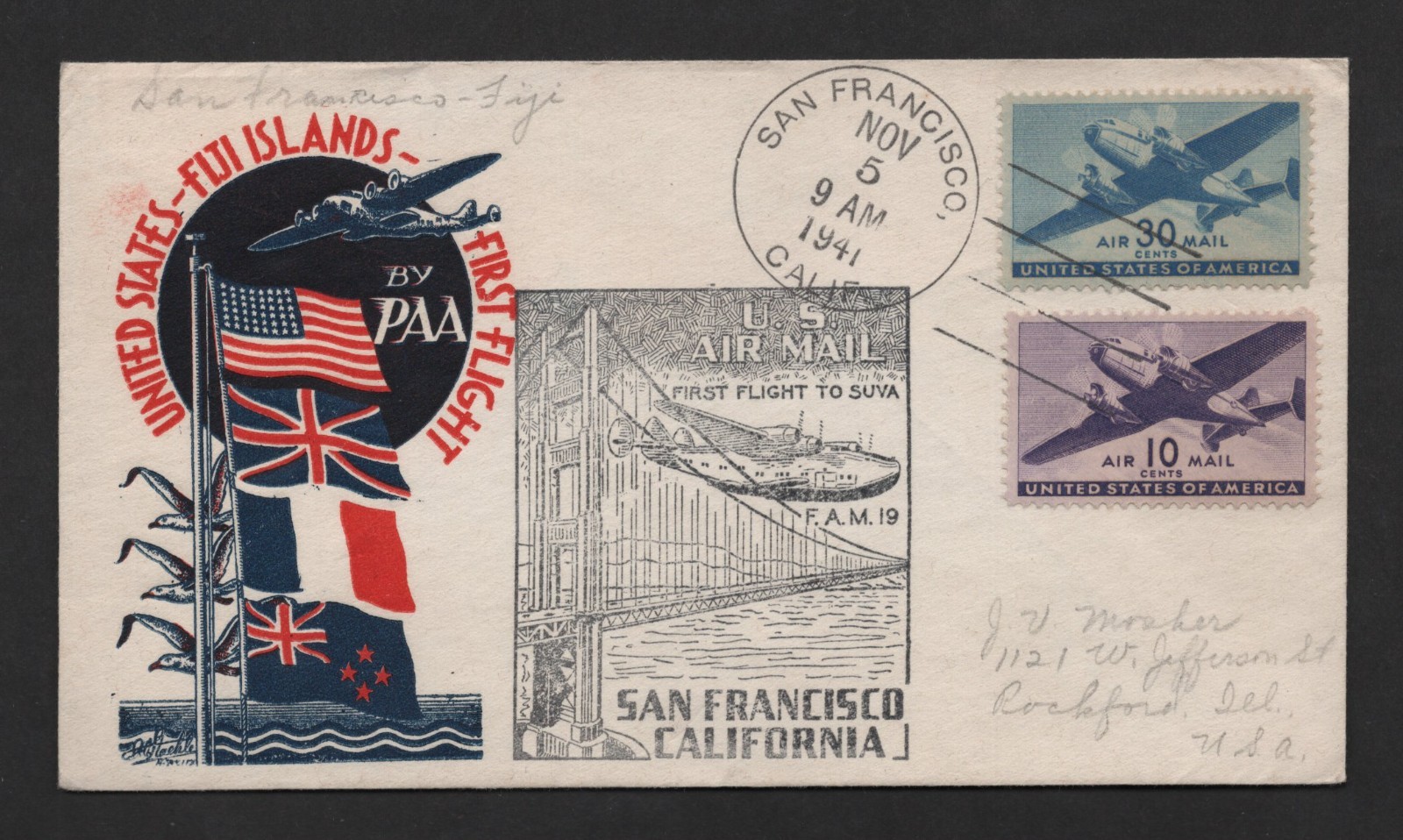 US 1941 FIRST FLIGHT COVER STAEHLE CACHET SAN FRANCISCO CA TO FIJI SUVA