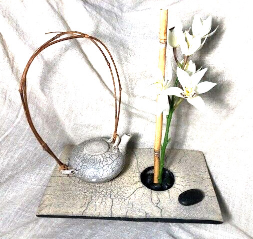RAKU,IKEBANA,Dina Angel-Wing,handmade ceramic 14x7x2 base,teapot,frog,rocks, Exc