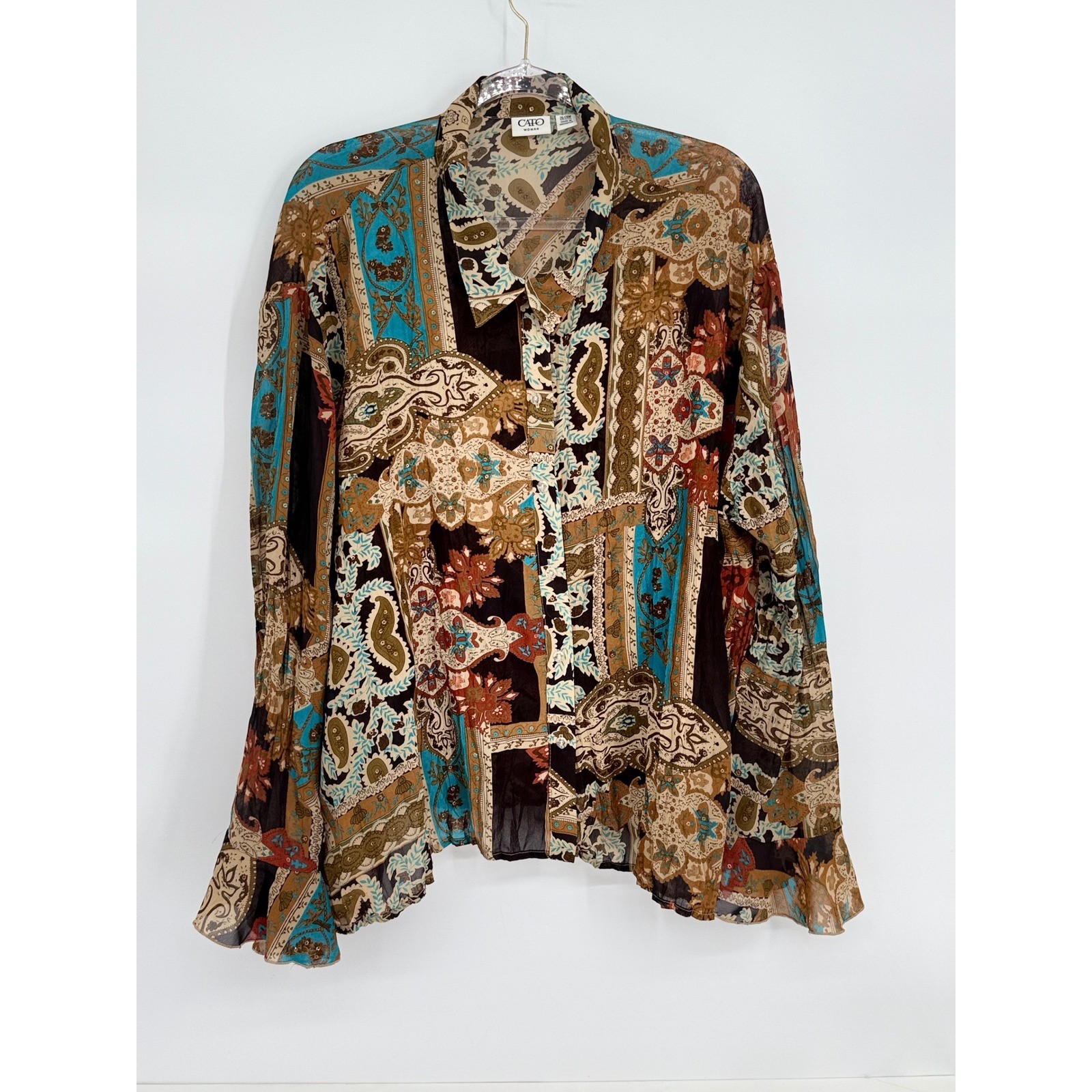 Cato Woman Plus Sz 26/28W Paisley Floral Patchwork Button Front Blouse Sheer