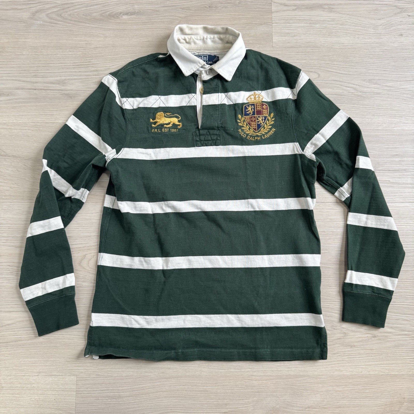 Vintage Polo Ralph Lauren Rugby Striped Shirt Lion Crest  Shield PRL Sz M Green