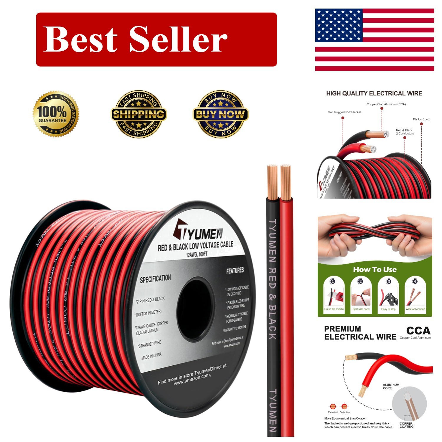 Durable 100FT 12AWG Dual Color Wire - Optimal for DC Connections & Installations