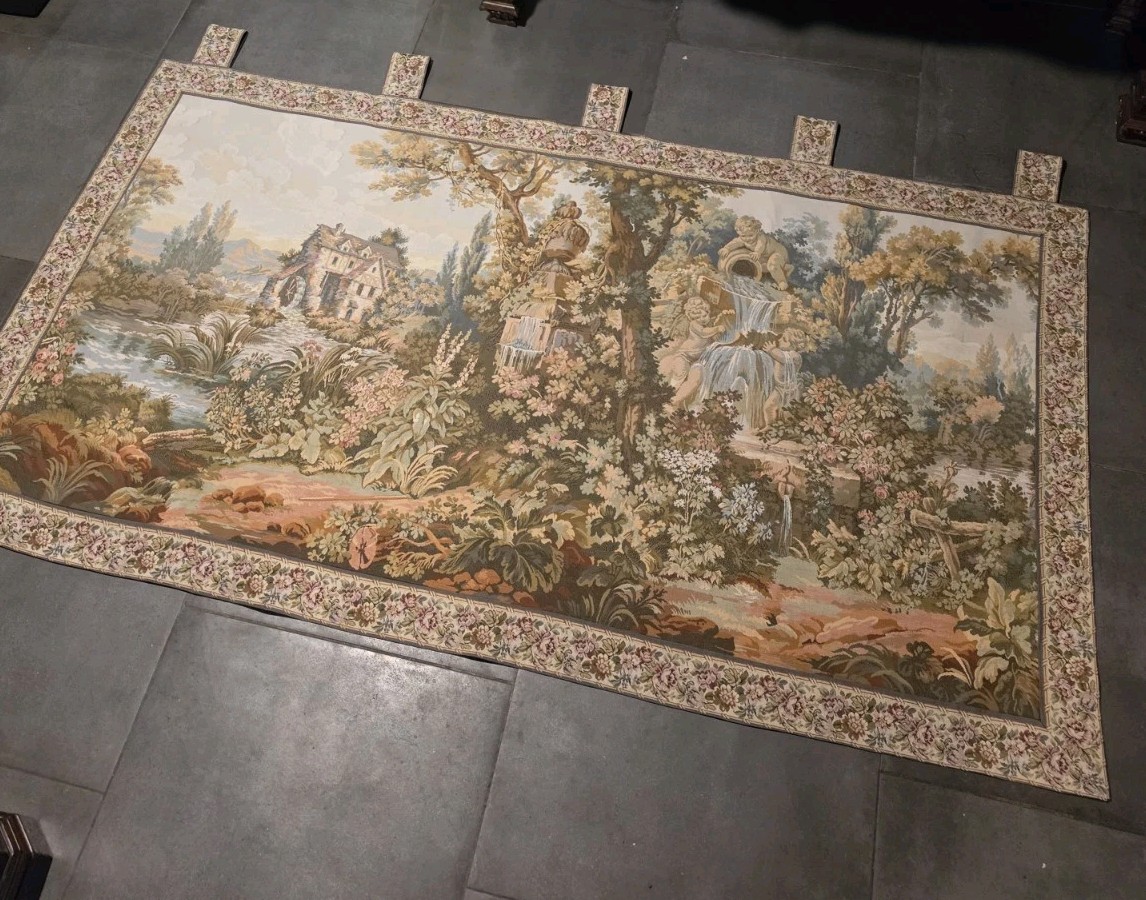 French Aubusson Style Woven Tapestry Romantic Pastoral Landscape - 46\