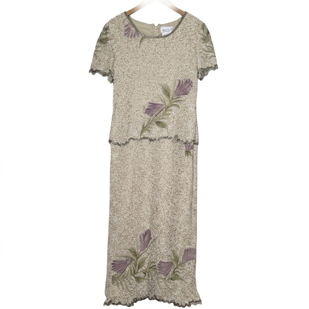 Laurence Kazar Silk Beaded Evening Gown Floral Maxi Dress Size 6P Faux 2 Piece