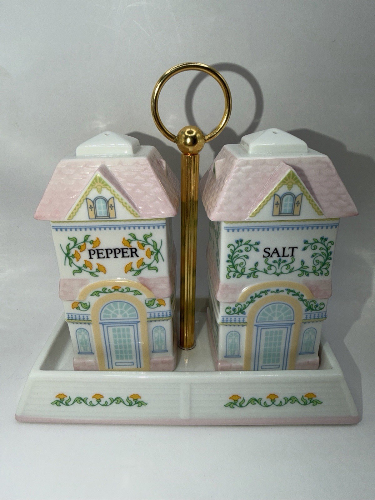 Vintage 1991 Lenox Village Salt & Pepper Shakers Caddy Tray Set Spice Village