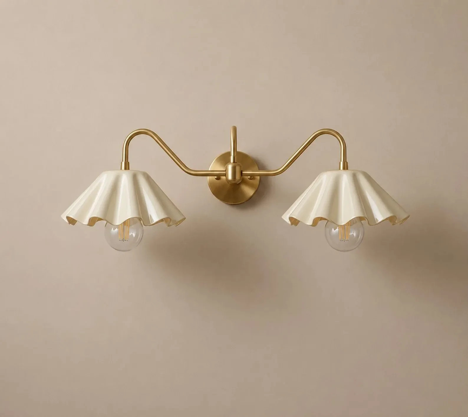 Mid Century Modern Double Wall Sconce with Cream Scalloped Shades, Vintage Bathr