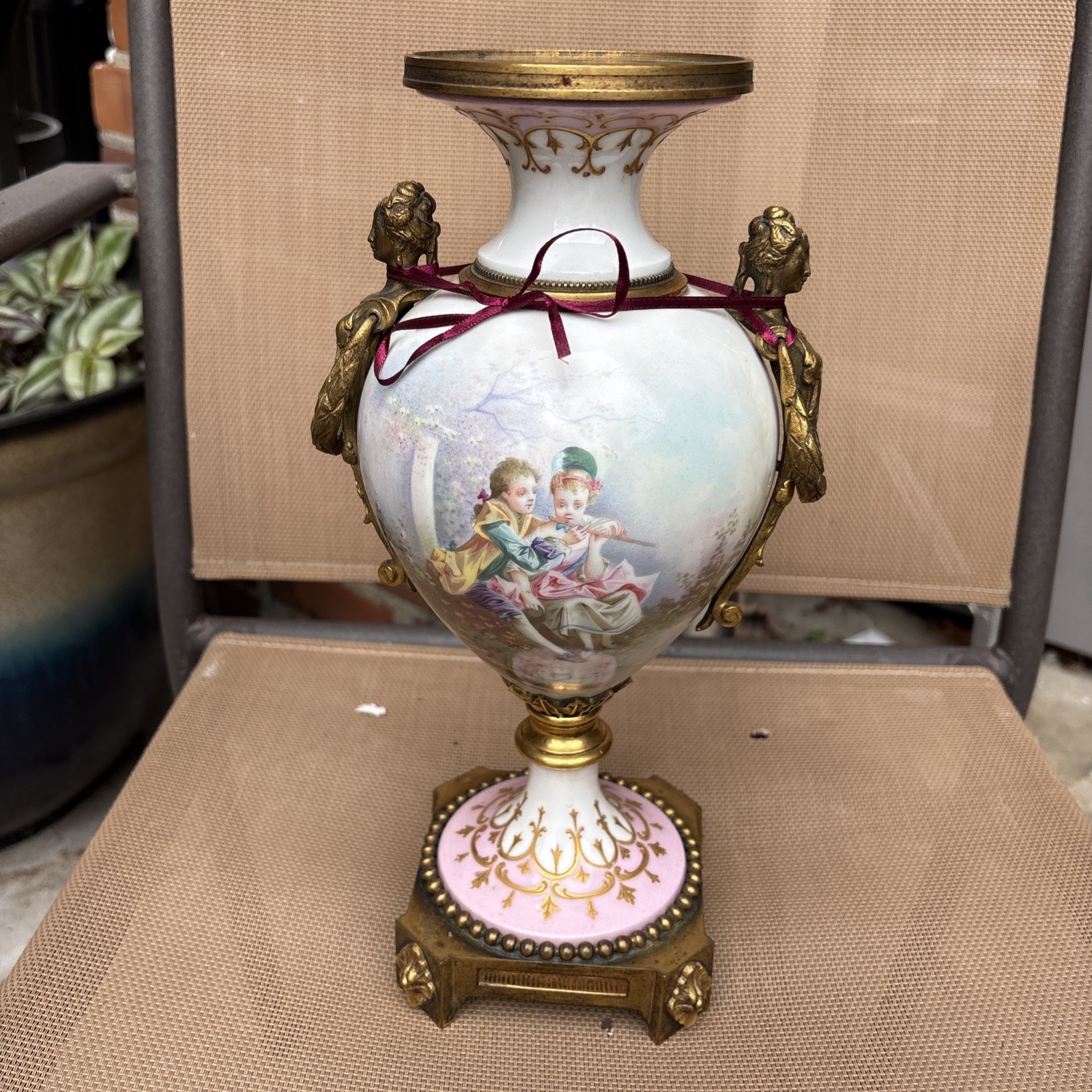 Early 20th Century French Sevres Painted Porcelain & Chapleve Enamel Painted Urn