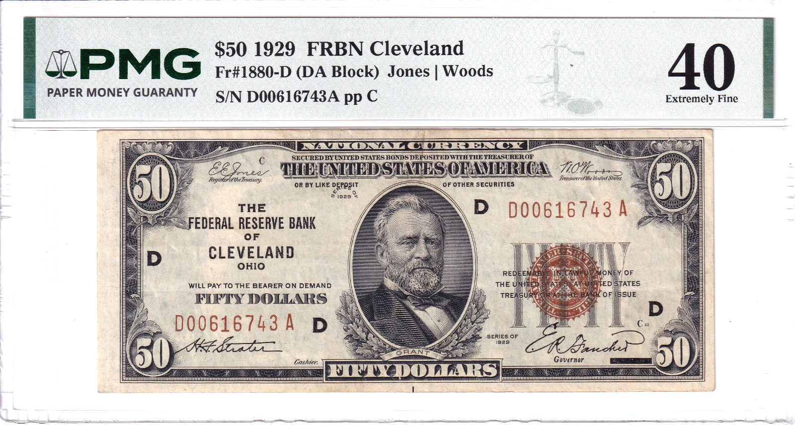 1929 $50 FRBN Federal Reserve Bank Note Cleveland PMG XF40 #D00616743A 1929 $50 FRBN Federal Reserve Bank Note Cleveland PMG XF40 #D00616743A